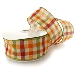 2 1/2" Wired Ribbon Fall Gingham Plaid Orange/Green/Maroon