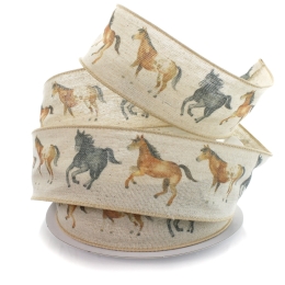 2 1/2" Wired Ribbon Wild Horses Burlap