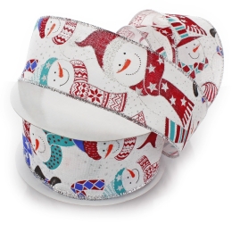 2 1/2" Wired Ribbon Colorful Snowmen White Linen