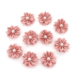 1.5" Satin Ribbon Flowers with Pearl 10-Pack