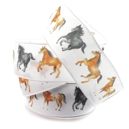 2 1/2" Wired Ribbon Wild Horses White