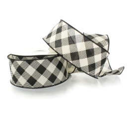 2 1/2" Wired Ribbon Off-White/Black Diagonal Buffalo Plaid