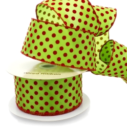 2 1/2" Wired Ribbon Green with Red Flocked Dots