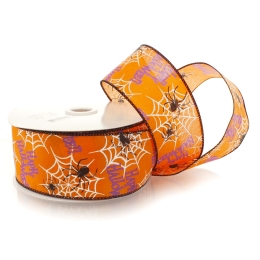 2 1/2" Wired Ribbon Happy Halloween Spider on Orange