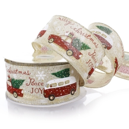 2 1/2" Wired Ribbon Vintage Camper and Truck on Burlap