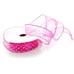 1 1/2" Wired Sheer w/ White Flocked Polka Dots Fuchsia Pink