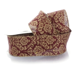 2 1/2" Wired Ribbon Burgundy/Gold Damask