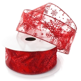 2 1/2" Wired Ribbon Glitter Snowflakes Sheer Red