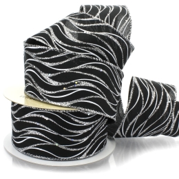 2 1/2" Wired Ribbon Black-Silver Glitter Wave