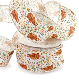 2 1/2" Wired Ribbon Boho Floral Highlander Cows